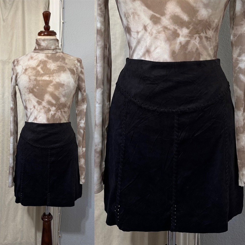 Liberty Garden Black Faux Suede Stitch Detail A-Line‎ Mini Skirt Sz M Whimsigoth